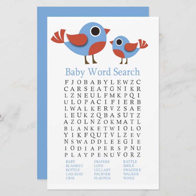 Bird Baby Shower Word Search Game (Front/Back)