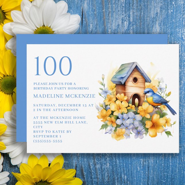 Bird Birdhouse Blue Yellow Flowers 100th Birthday Invitation (Yellow and blue flowers, blue bird and birdhouse 100th birthday party invitation)