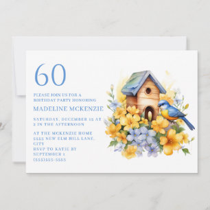 Bird Birdhouse Blue Yellow Flowers 60th Birthday Invitation