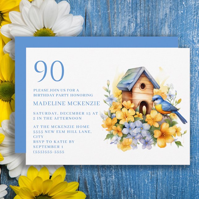Bird Birdhouse Blue Yellow Flowers 90th Birthday Invitation (Yellow and blue flowers, bird and birdhouse 90th birthday party invitation)