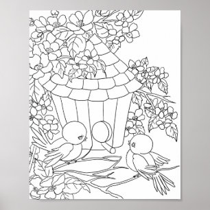 Bird Birdhouse floral tree art adult colouring Poster