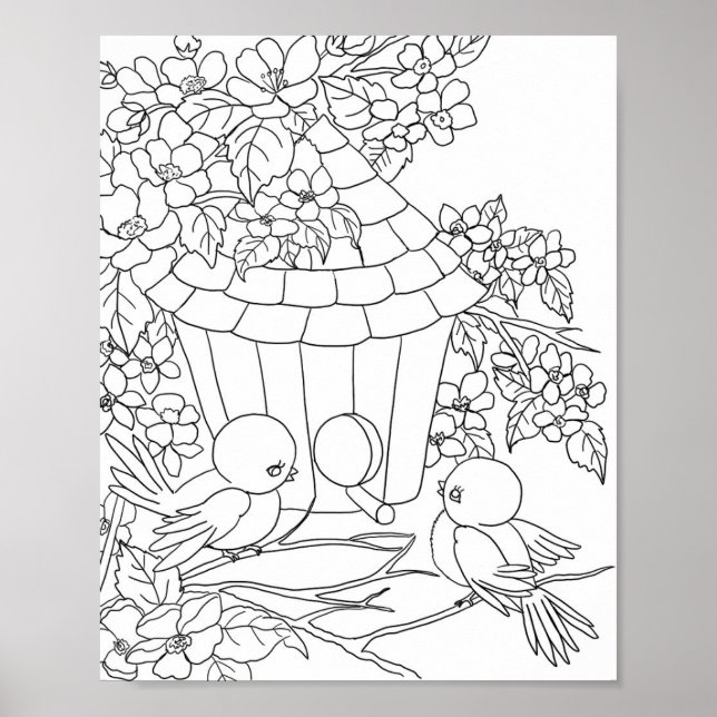 Bird Birdhouse floral tree art adult colouring  Poster (Front)