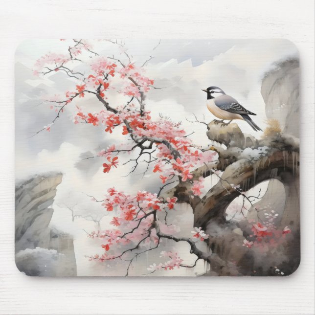 Bird Blooming Flowers Mouse Pad (Front)
