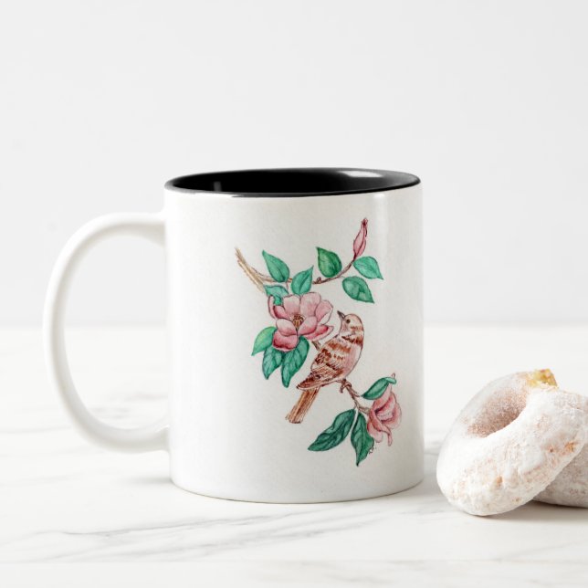 Bird Blossoms on a Coffee Mug (With Donut)
