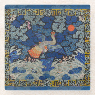 Bird Blue Chinese Embroidery Vintage Glass Coaster