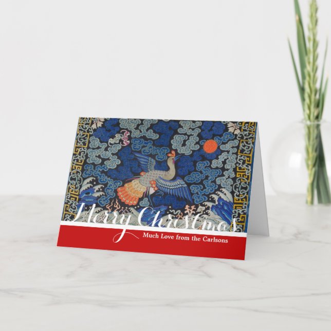 Bird Blue Chinese Embroidery Vintage Holiday Card (Front)