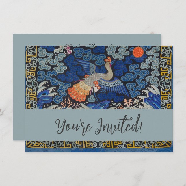 Bird Blue Chinese Embroidery Vintage Invitation (Front/Back)