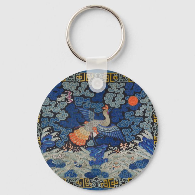 Bird Blue Chinese Embroidery Vintage Key Ring (Front)