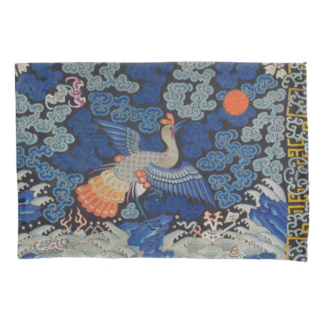 Bird Blue Chinese Embroidery Vintage Pillowcase (Front)