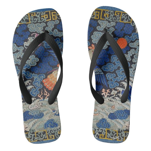 Bird Blue Chinese Embroidery Vintage Thongs (Footbed)