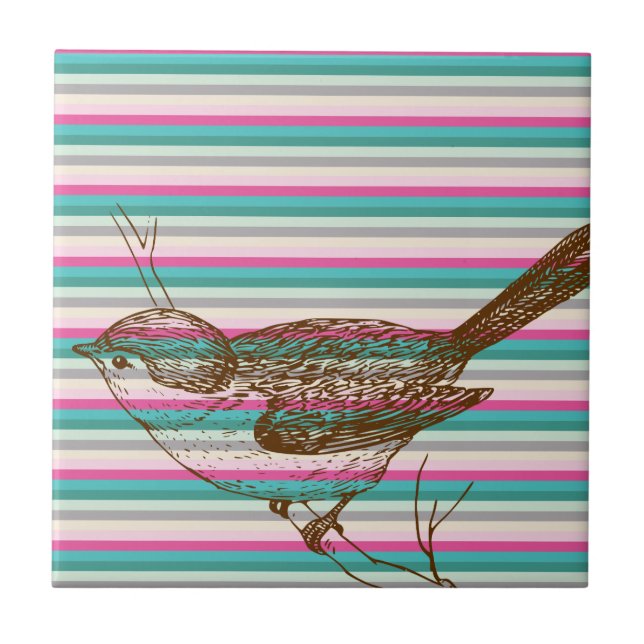 bird branch animals nature colourful pattern art ceramic tile (Front)