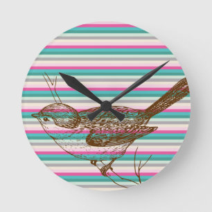 bird branch animals nature colourful pattern art round clock