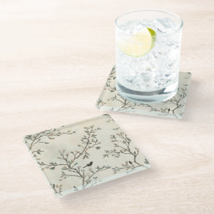 Bird Branch Watercolor Beige Nature Painting Glass Coaster