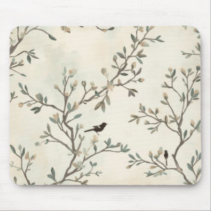 Bird Branch Watercolor Beige Nature Painting Mouse Pad
