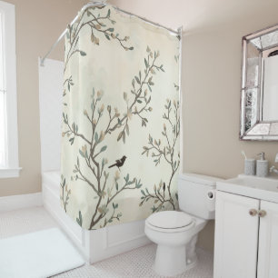 Bird Branch Watercolor Beige Nature Painting Shower Curtain