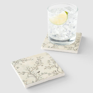 Bird Branch Watercolor Beige Nature Painting Stone Coaster