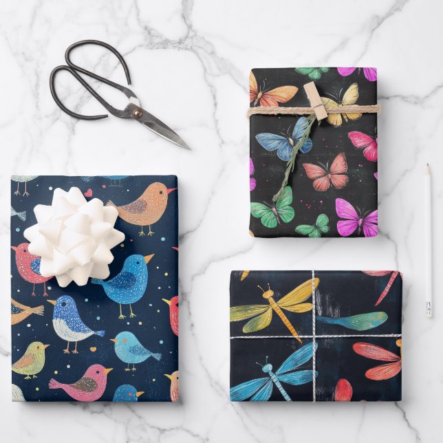 Bird, Butterfly & Dragonfly Pattern Sweet Gift Set Wrapping Paper Sheet (Front)