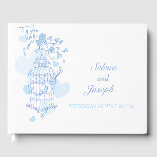 Bird cage blue hearts wedding guest book