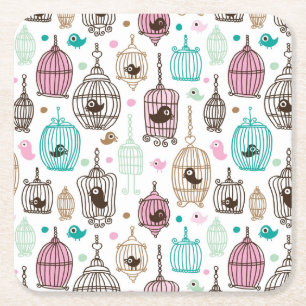bird cage love kids background pattern square paper coaster