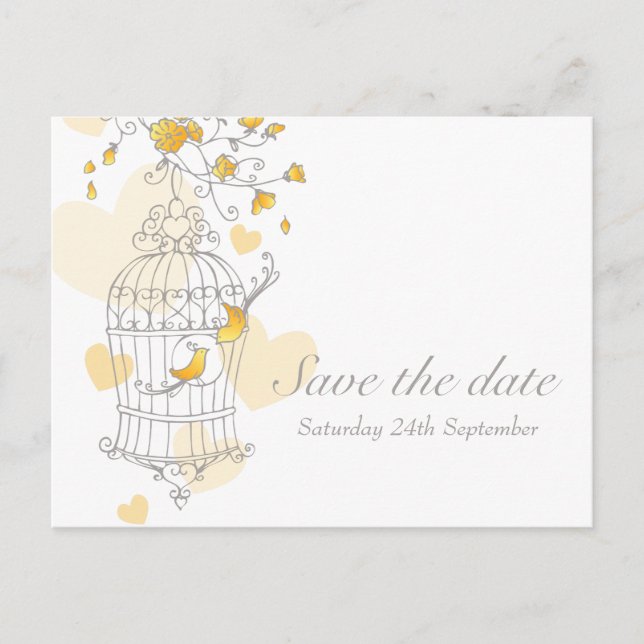 Bird cage wedding yellow save the date card (Front)