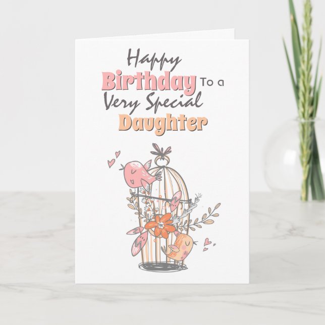 Bird cage whimsical flowers birthday wishes card (Front)