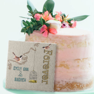 Bird Cage Wood Grain Tree Forever Anniversary Tile