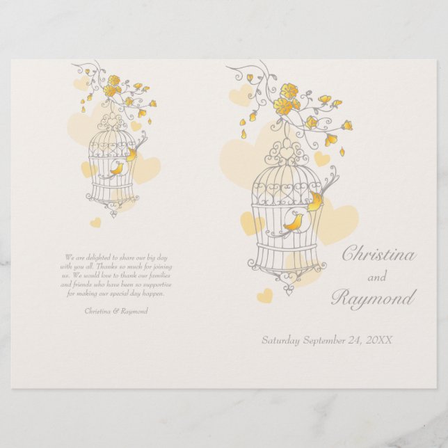 Bird cage yellow grey large Wedding Programme (Front)