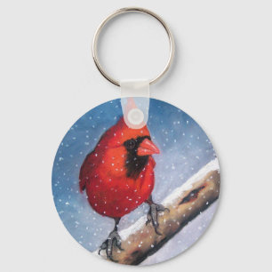 BIRD: CARDINAL: SNOW: OIL PASTEL ART KEY RING