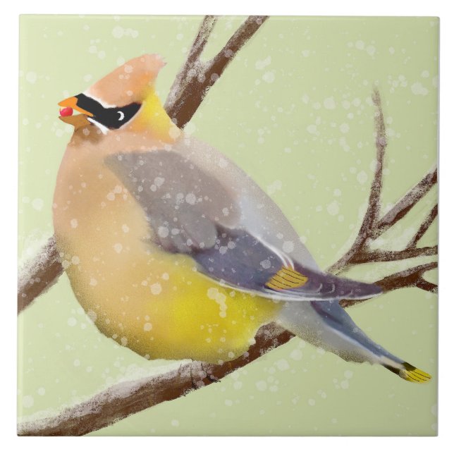 Bird, Cedar Waxwing, Ceramic Kitchen Tile (Front)