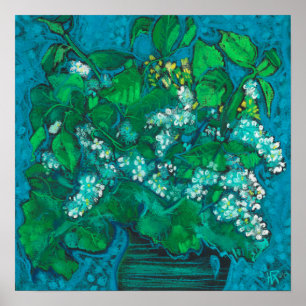 Bird Cherry Flowers Blossom Floral Pastel Painting Poster