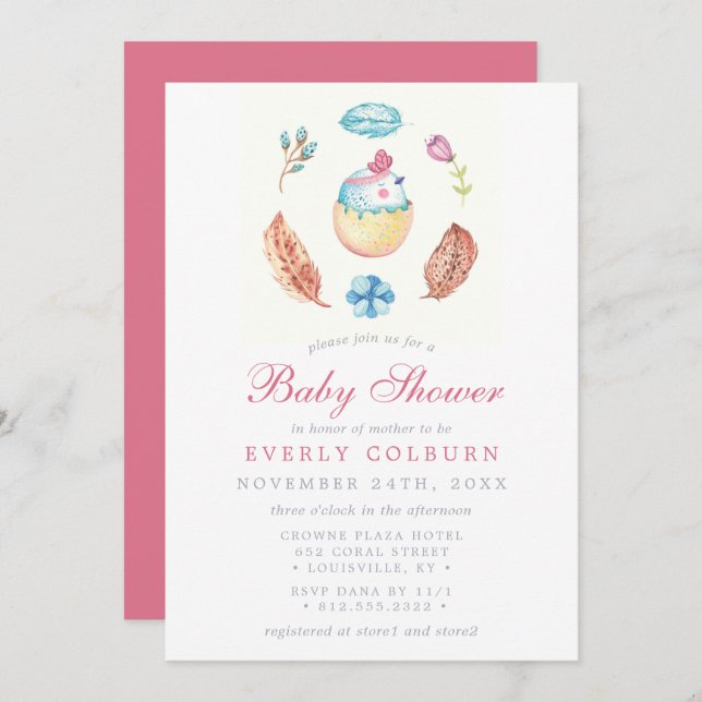 Bird Chick Boho Watercolor Girl Baby Shower Invitation (Front/Back)