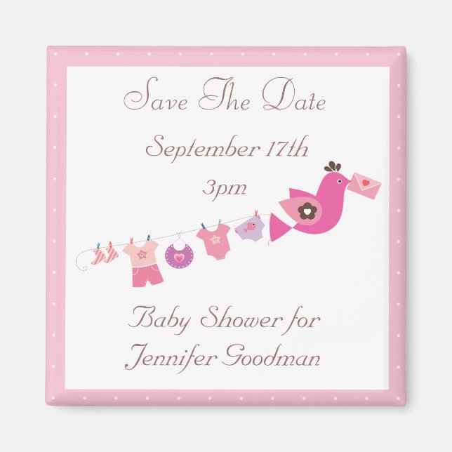 Bird & Clothesline Pink Save The Date Baby Shower Magnet (Front)