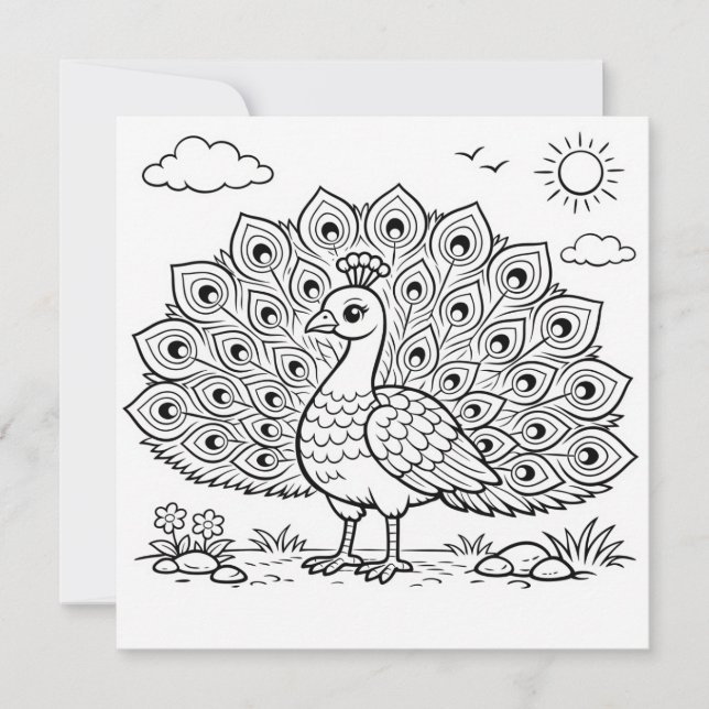 Bird Coloring Page Peacock Flat Card (Front)