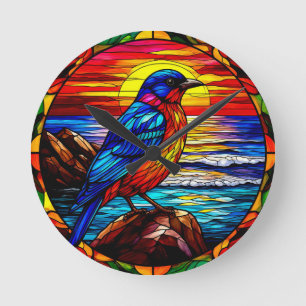 Bird Colourful Stained Glass Depiction Round Clock