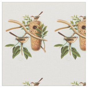 Bird Couple on a Nest Perched on a Branch Fabric