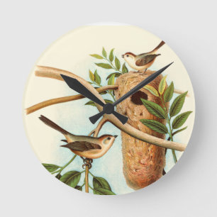 Bird Couple on a Nest Perched on a Branch Round Clock
