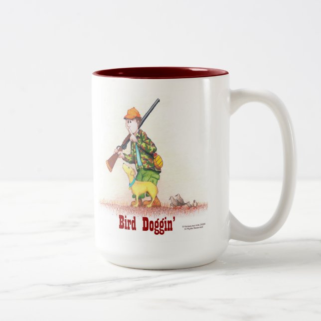 Bird Doggin' a whimsical look at a hunter and dog Two-Tone Coffee Mug (Right)