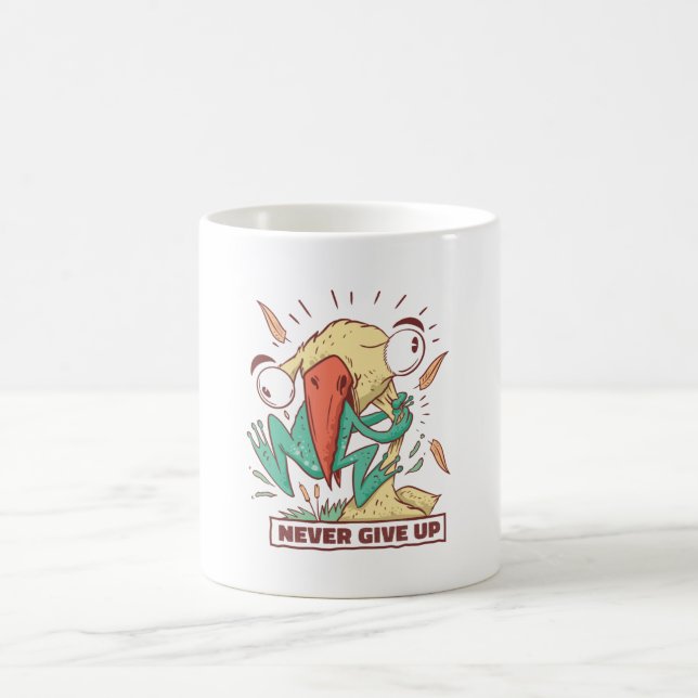 Bird eating frog Never give up Coffee Mug (Center)