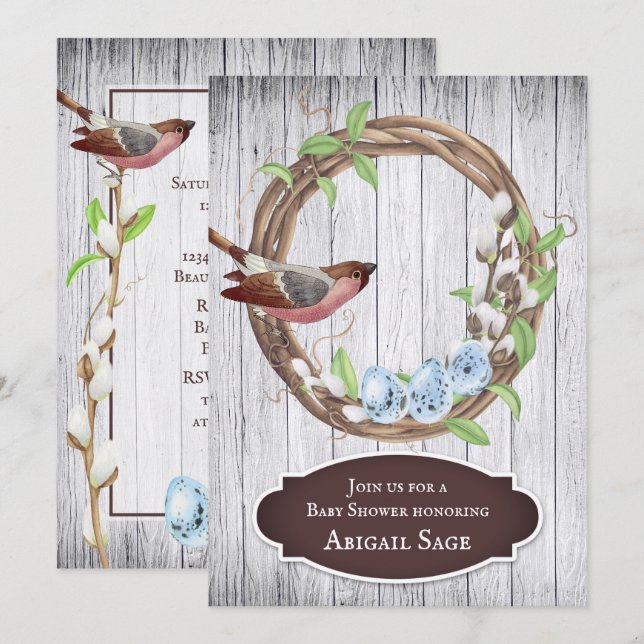 Bird, Eggs and Wreath on Barn Wood Baby Shower Invitation (Front/Back)