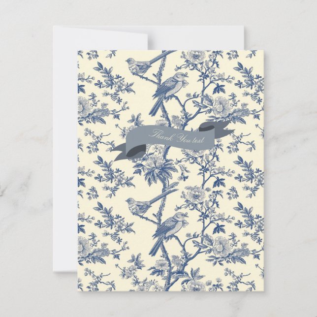 Bird Elegant Blue Toile Peony Floral Card (Front)