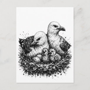 Bird Family Nest – Mythic Ink Illustration Postcard