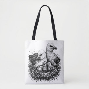Bird Family Nest – Mythic Ink Illustration Tote Bag