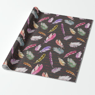 Bird feathers and handwritten note. Watercolor sea Wrapping Paper