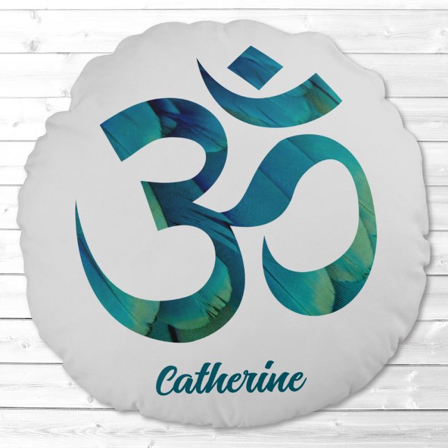Bird Feathers Pattern Om Symbol Meditation Yoga Round Cushion (Creator Uploaded)