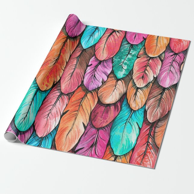 Bird feathers seamless pattern. Hand drawing water Wrapping Paper (Unrolled)