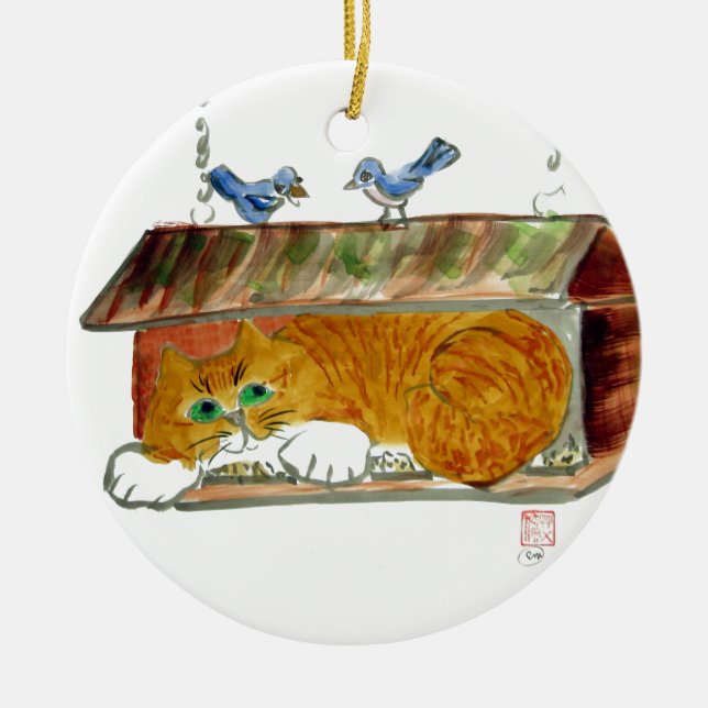 Bird Feeder and Orange Tiger Cat Ceramic Ornament (Front)