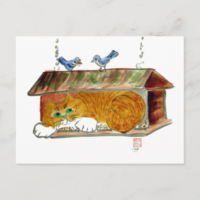 Bird Feeder and Orange Tiger Cat Postcard (Front)