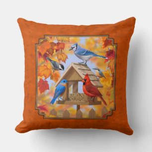 Bird Feeder Gathering Autumn Orange Cushion