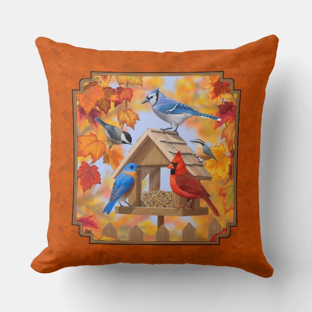 Bird Feeder Gathering Autumn Orange Cushion (Front)