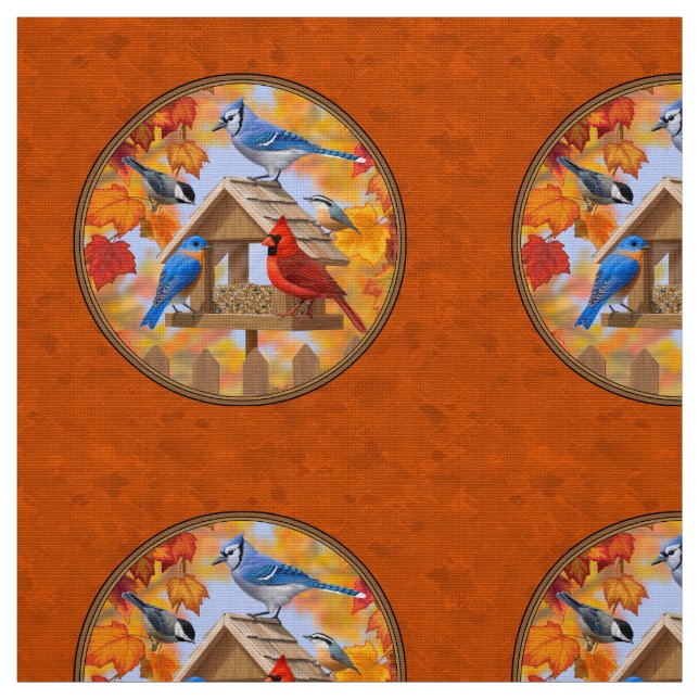 Bird Feeder Gathering Autumn Orange Fabric (Swatch)